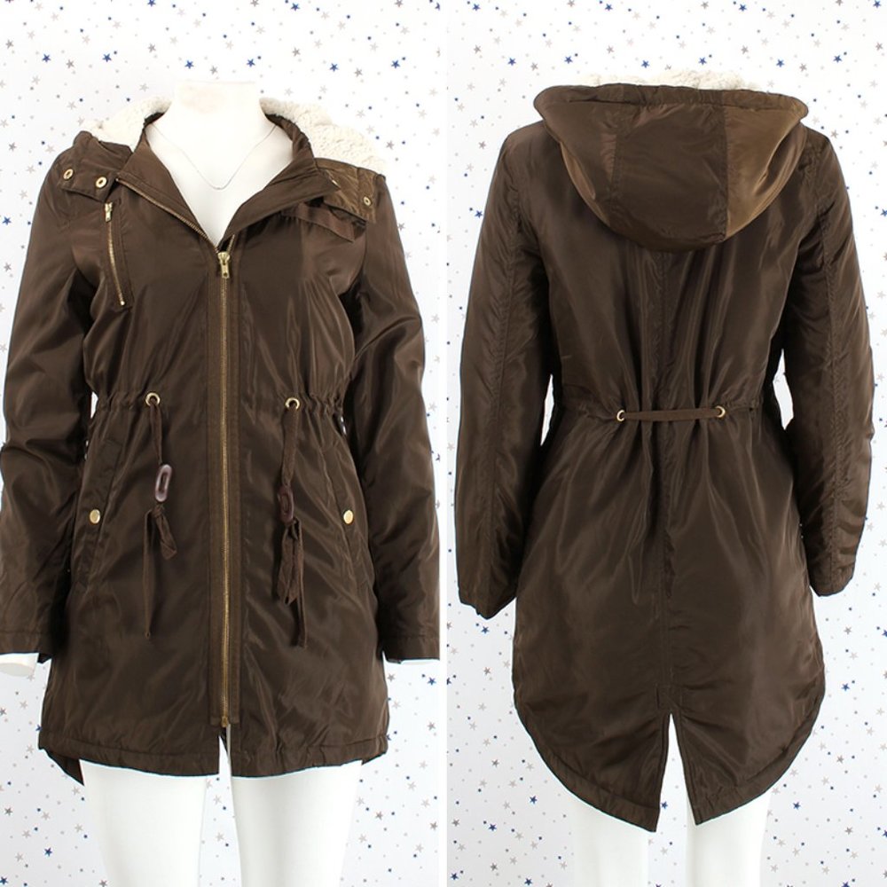 Fur Lined Hood Long Padded Zip Up Jacket Olive